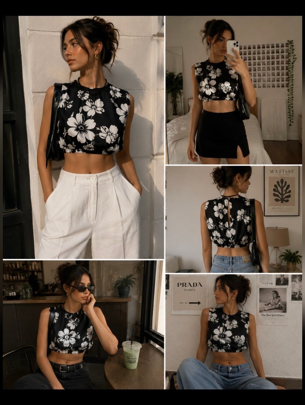 VICI Black & White Floral Balloon Sleeve Crop Top – XS